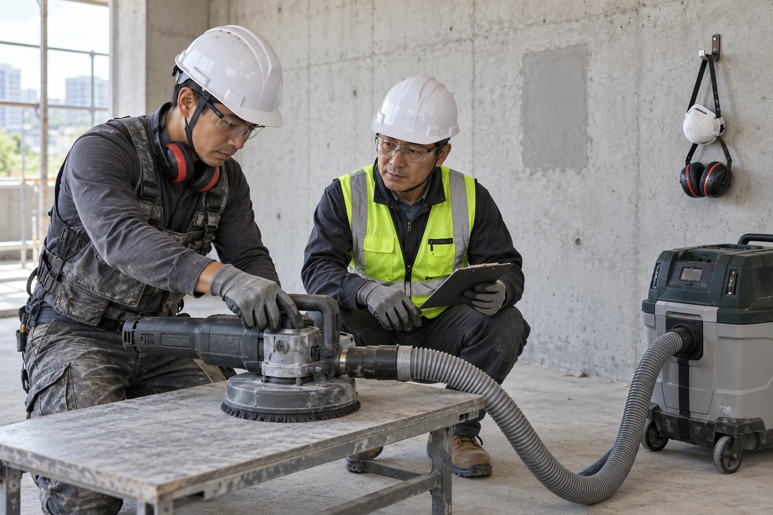 Educational illustration for Concrete wall grinding with dust extraction