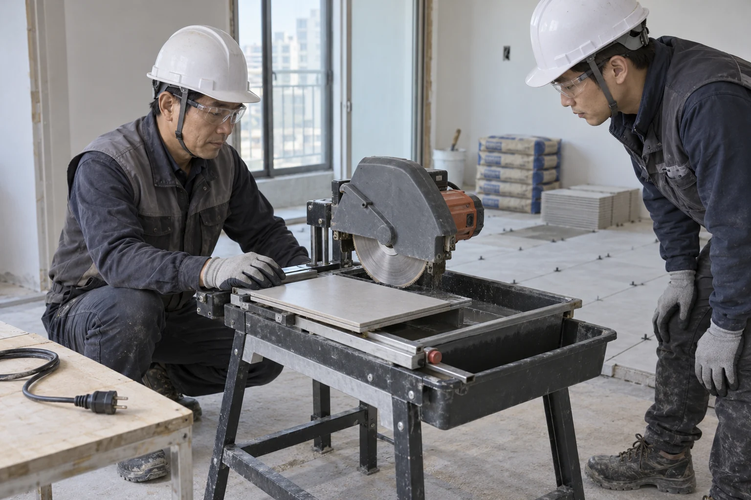 Educational illustration for Indoor ceramic tile wet cutting and laying