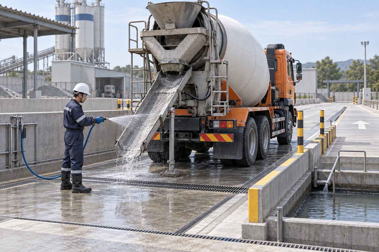 AI-generated educational illustration: Ready-mix truck discharge and external chute wash