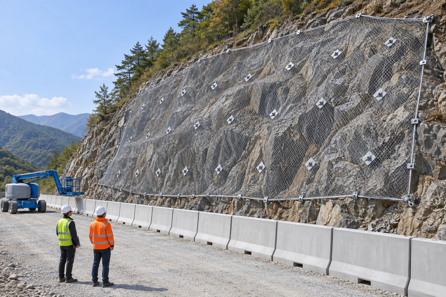 Educational illustration for Anchored slope rockfall-mesh installation