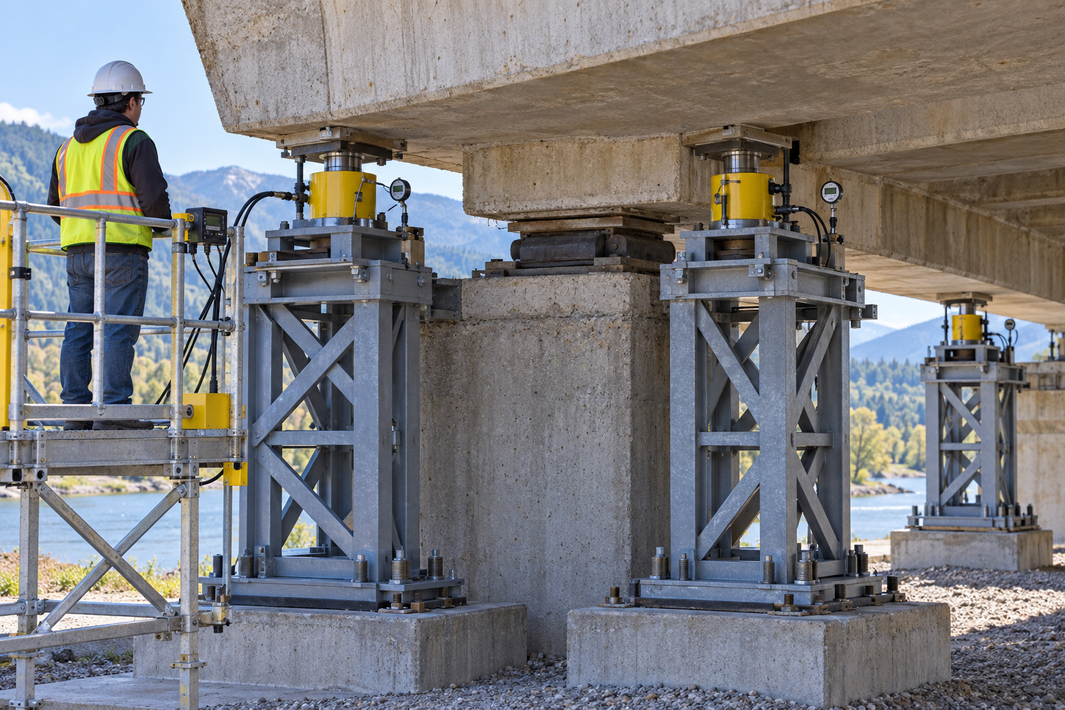 AI-generated educational illustration: Bridge bearing replacement