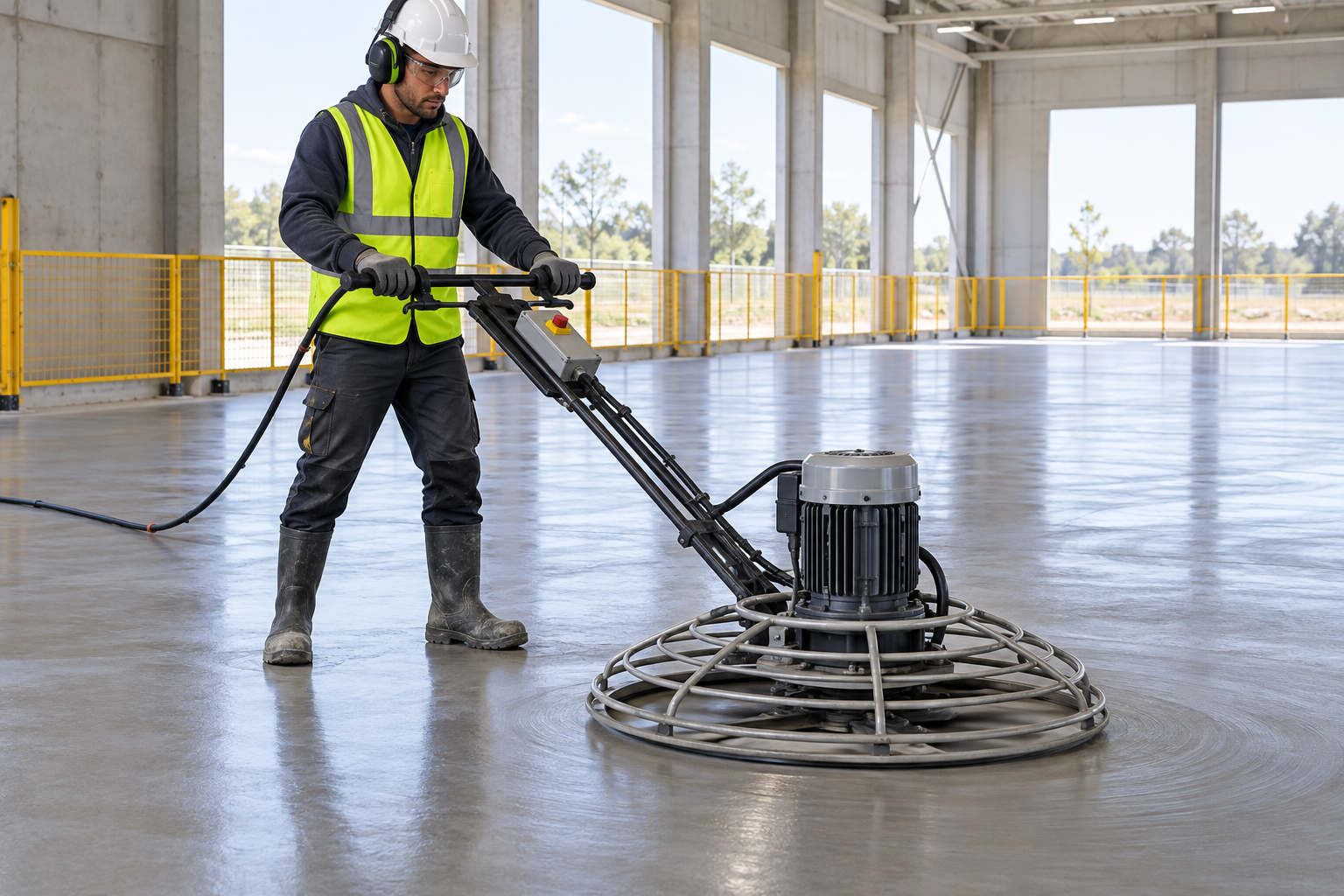 AI-generated educational illustration: Electric walk-behind concrete troweling
