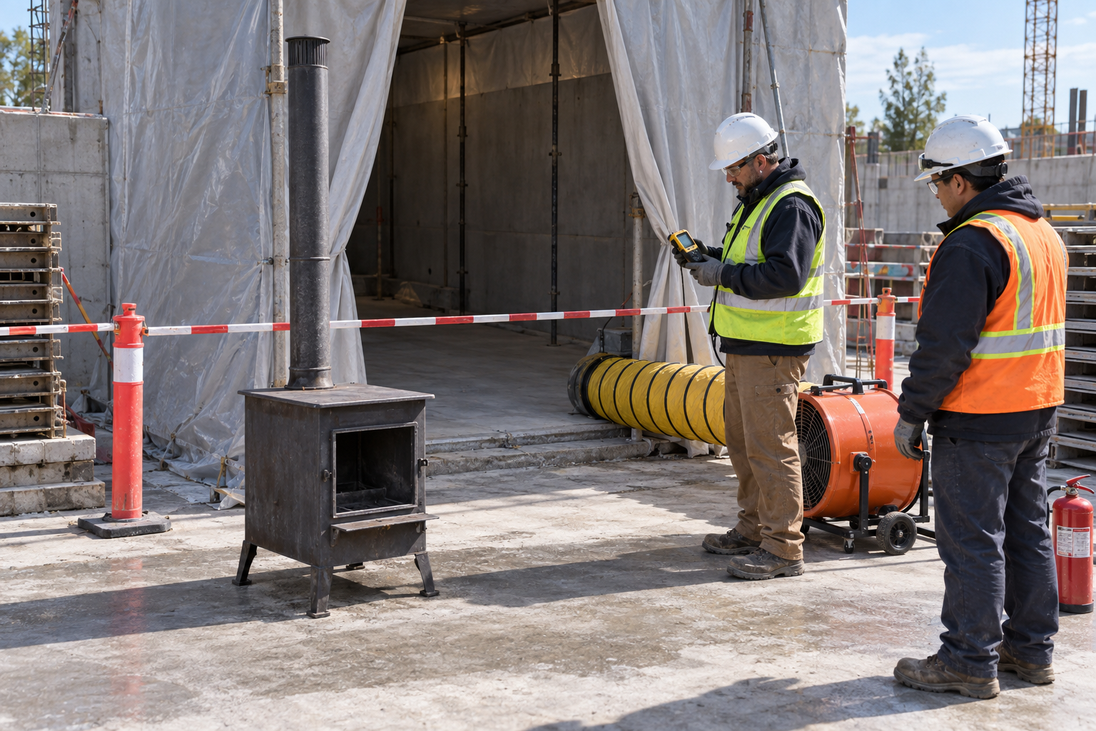 AI-generated educational illustration: Concrete-curing heater eligibility