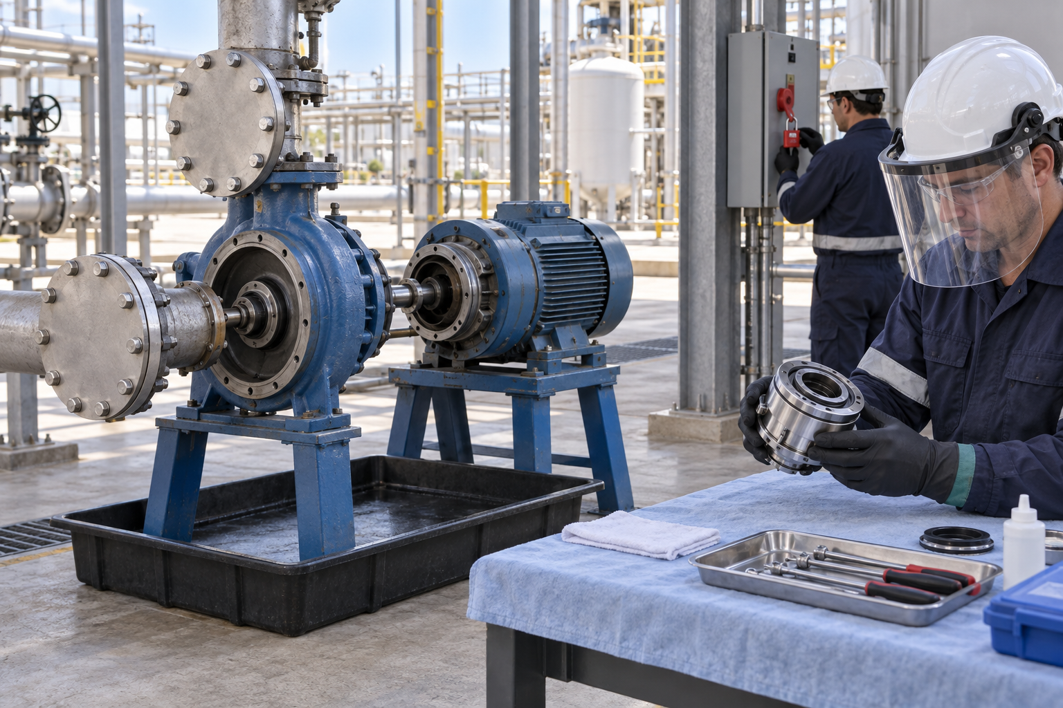 AI-generated educational illustration: Centrifugal-pump mechanical seal replacement