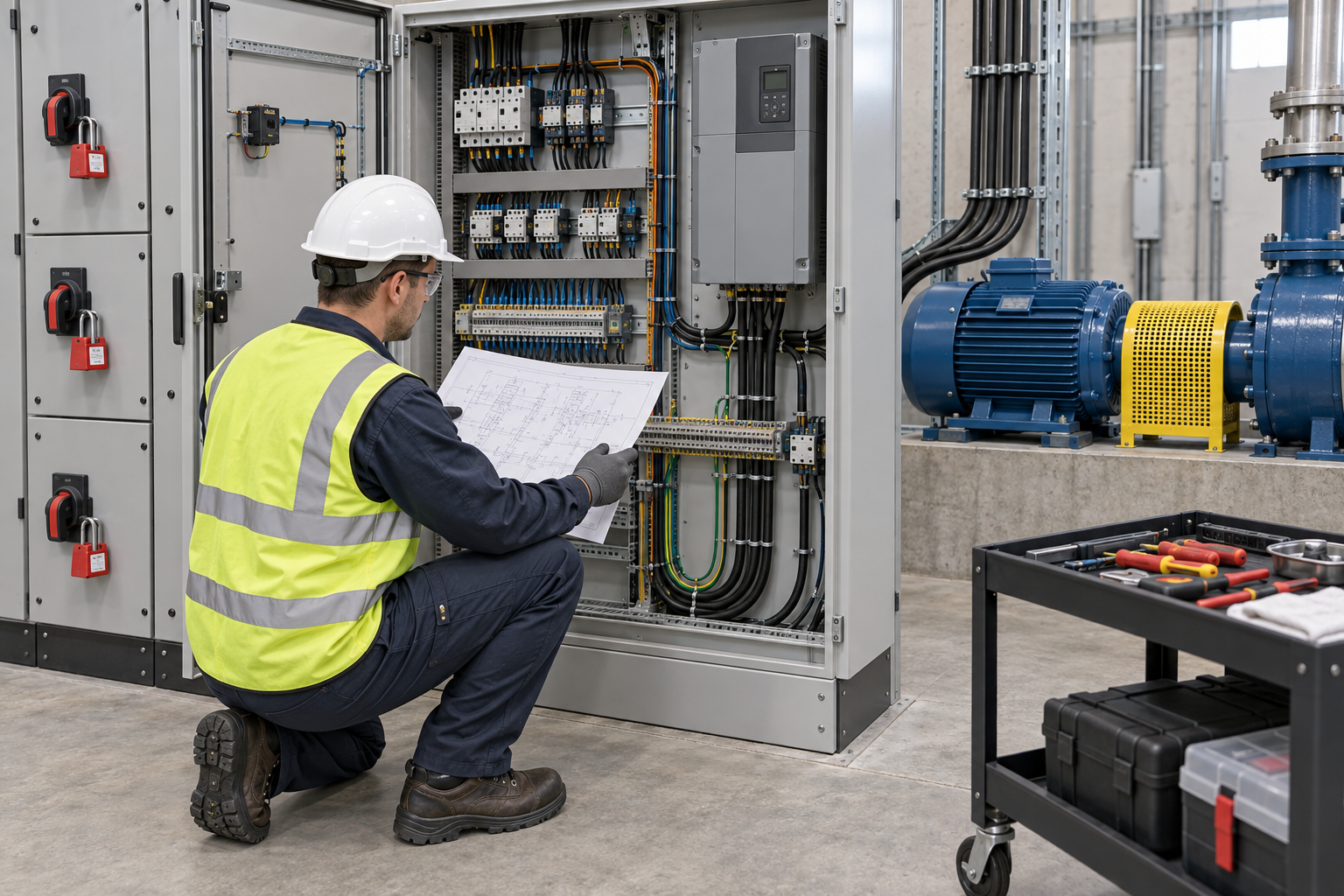 Educational illustration for Deenergized MCC power and control wiring
