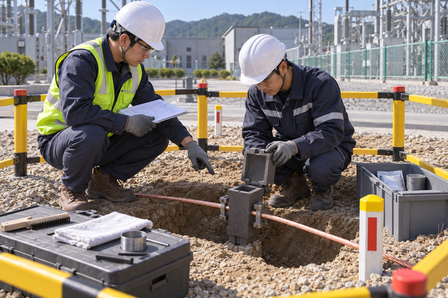 Educational illustration for Grounding electrode installation and exothermic bonding