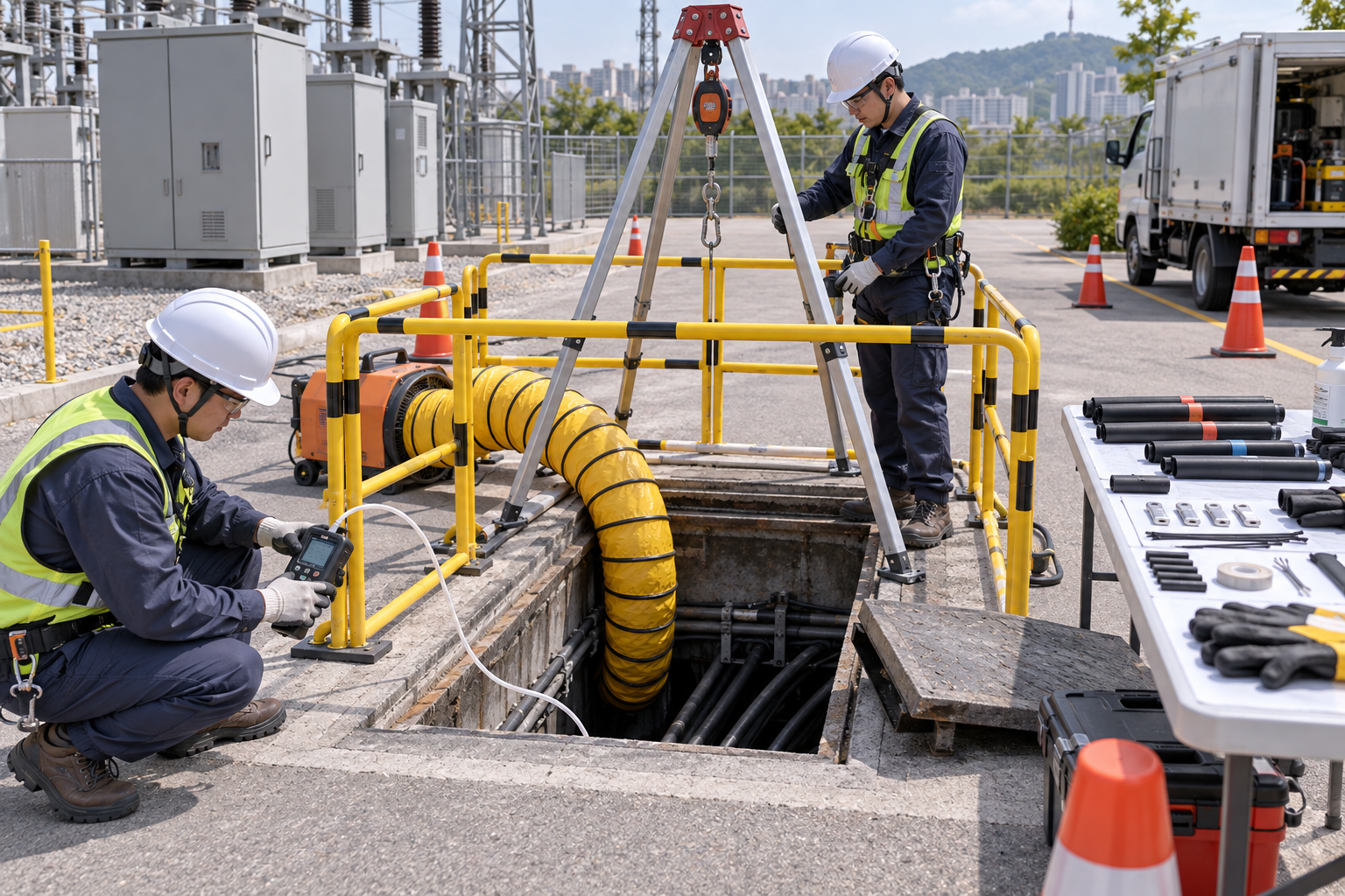 AI-generated educational illustration: Manhole cable-splice maintenance