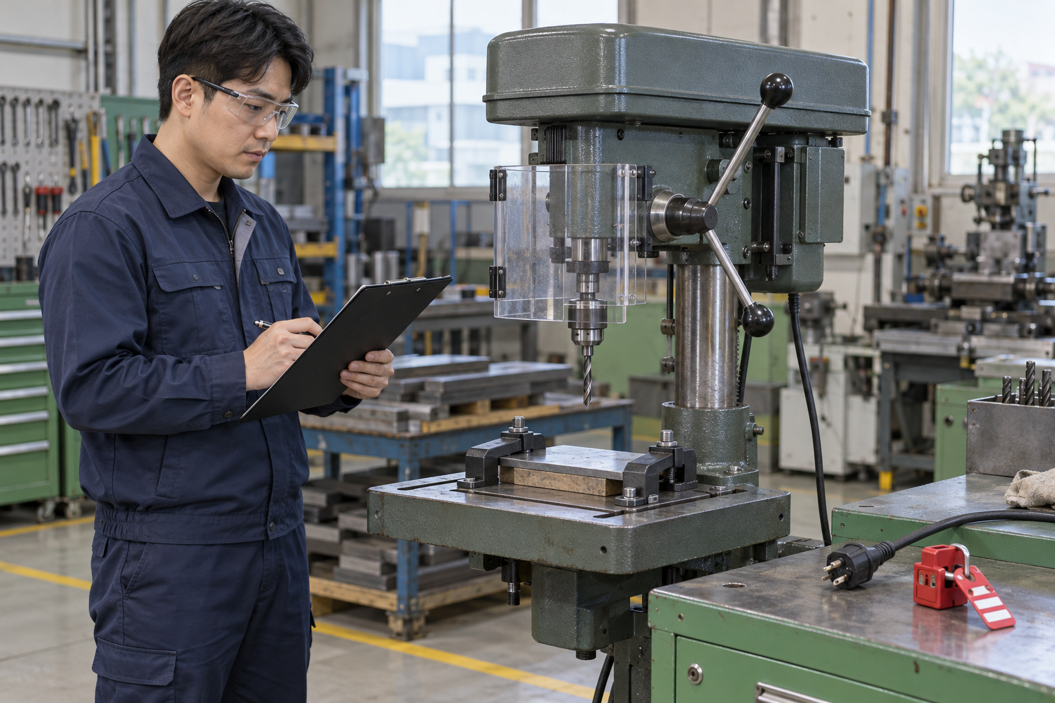 Educational illustration for Drill-press holemaking in metal plate