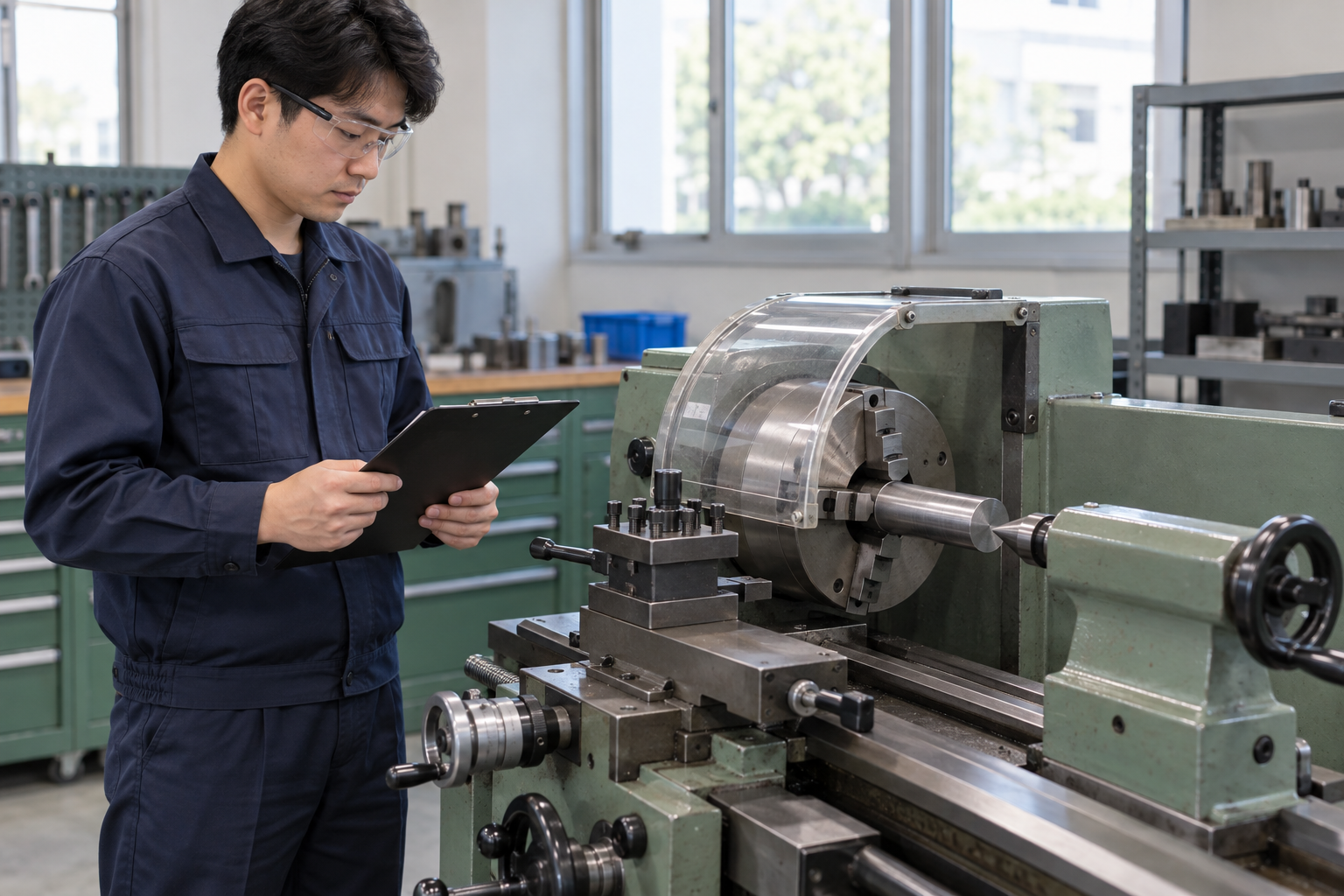 AI-generated educational illustration: Manual-lathe external turning of short bar