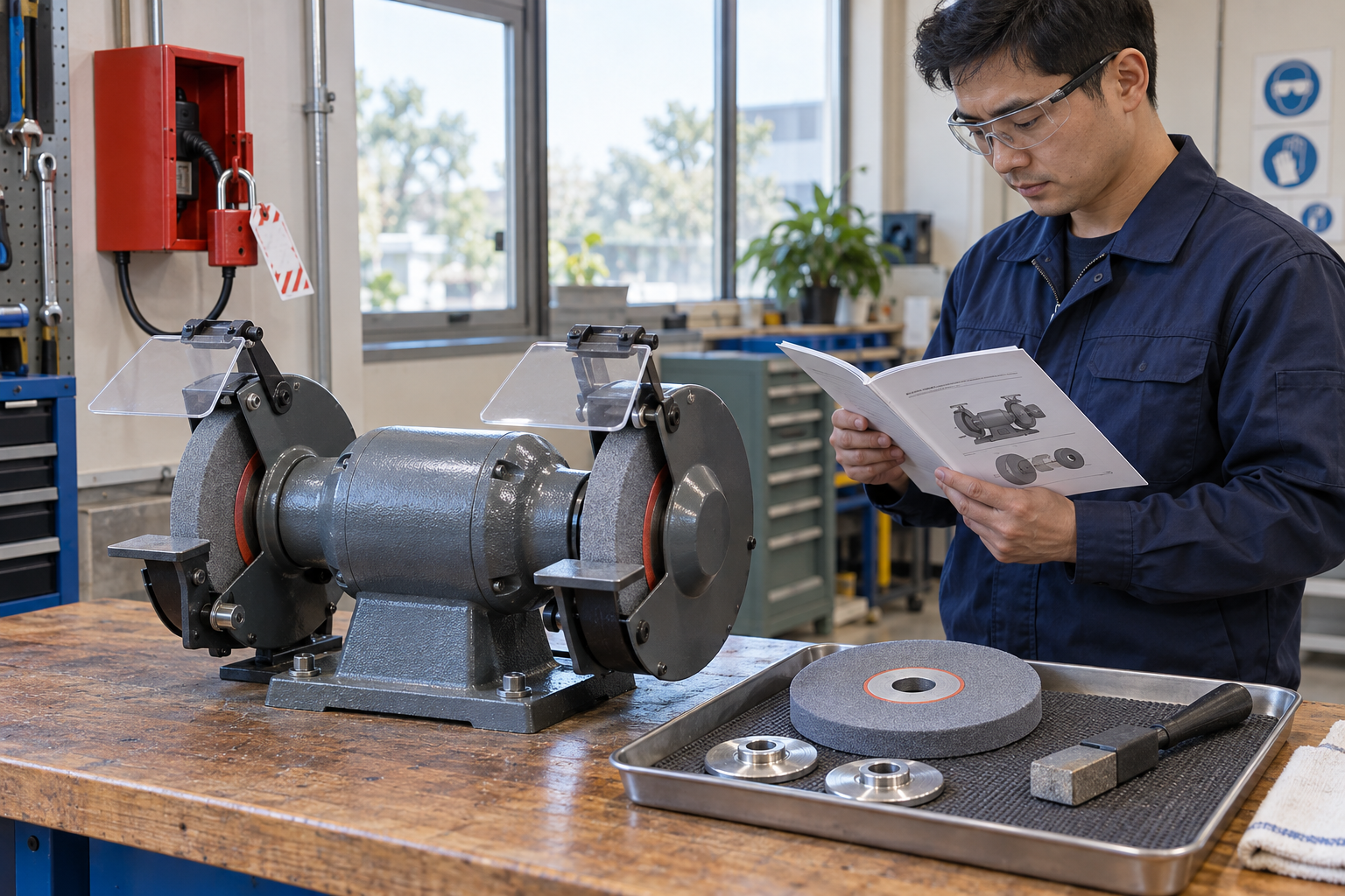 Educational illustration for Bench grinder wheel replacement and dressing