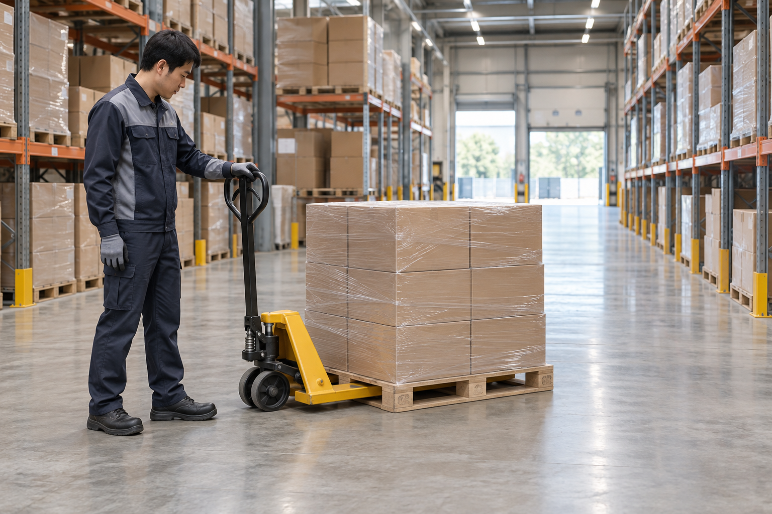 AI-generated educational illustration: Manual pallet-truck transport