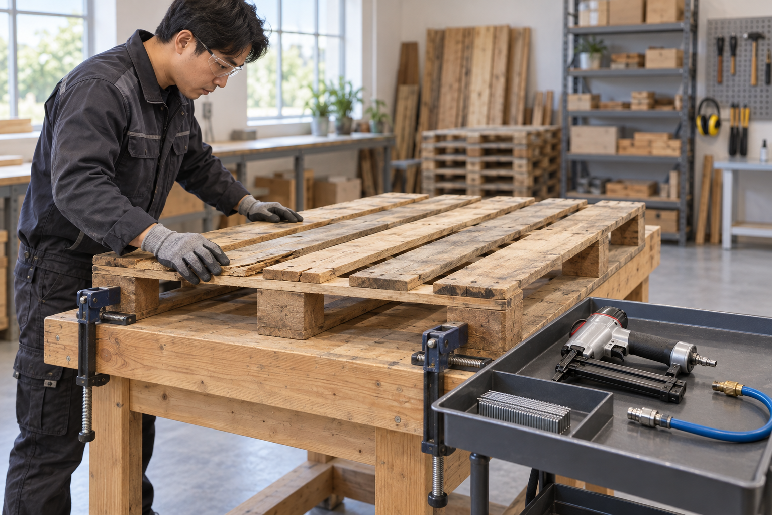 Educational illustration for Pneumatic nailer pallet-board repair