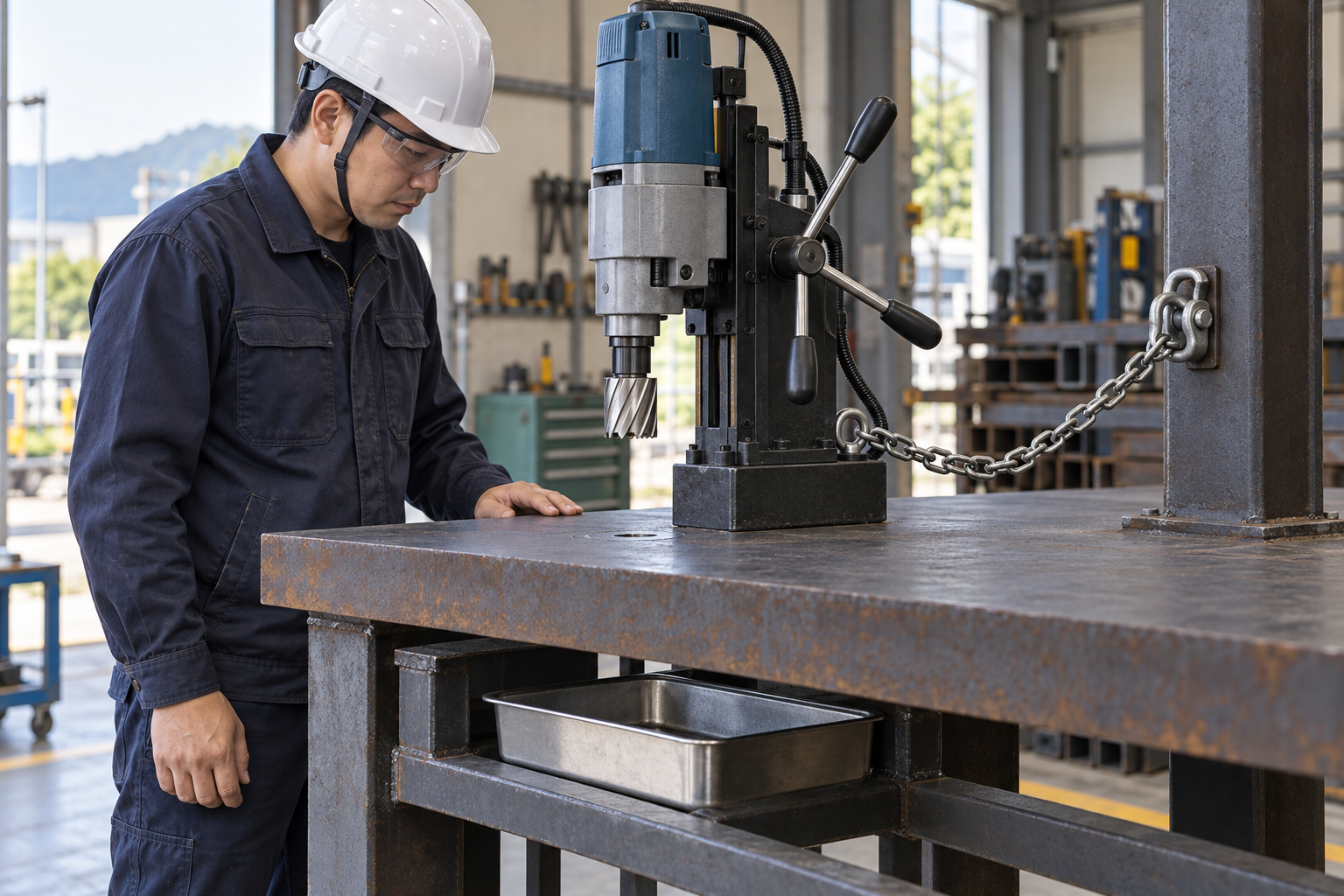 Educational illustration for Magnetic-drill hole cutting in horizontal steel plate