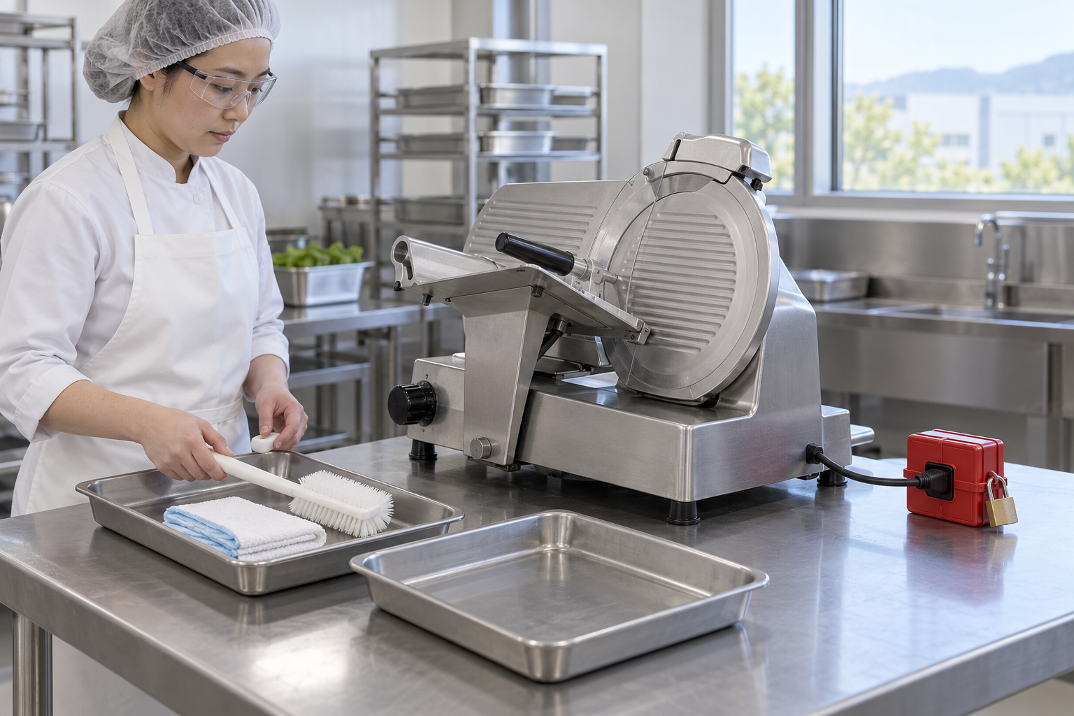 Educational illustration for Cleaning a fixed-blade food slicer