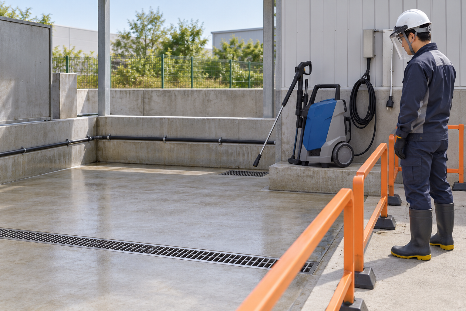 AI-generated educational illustration: Electric cold-water floor washing