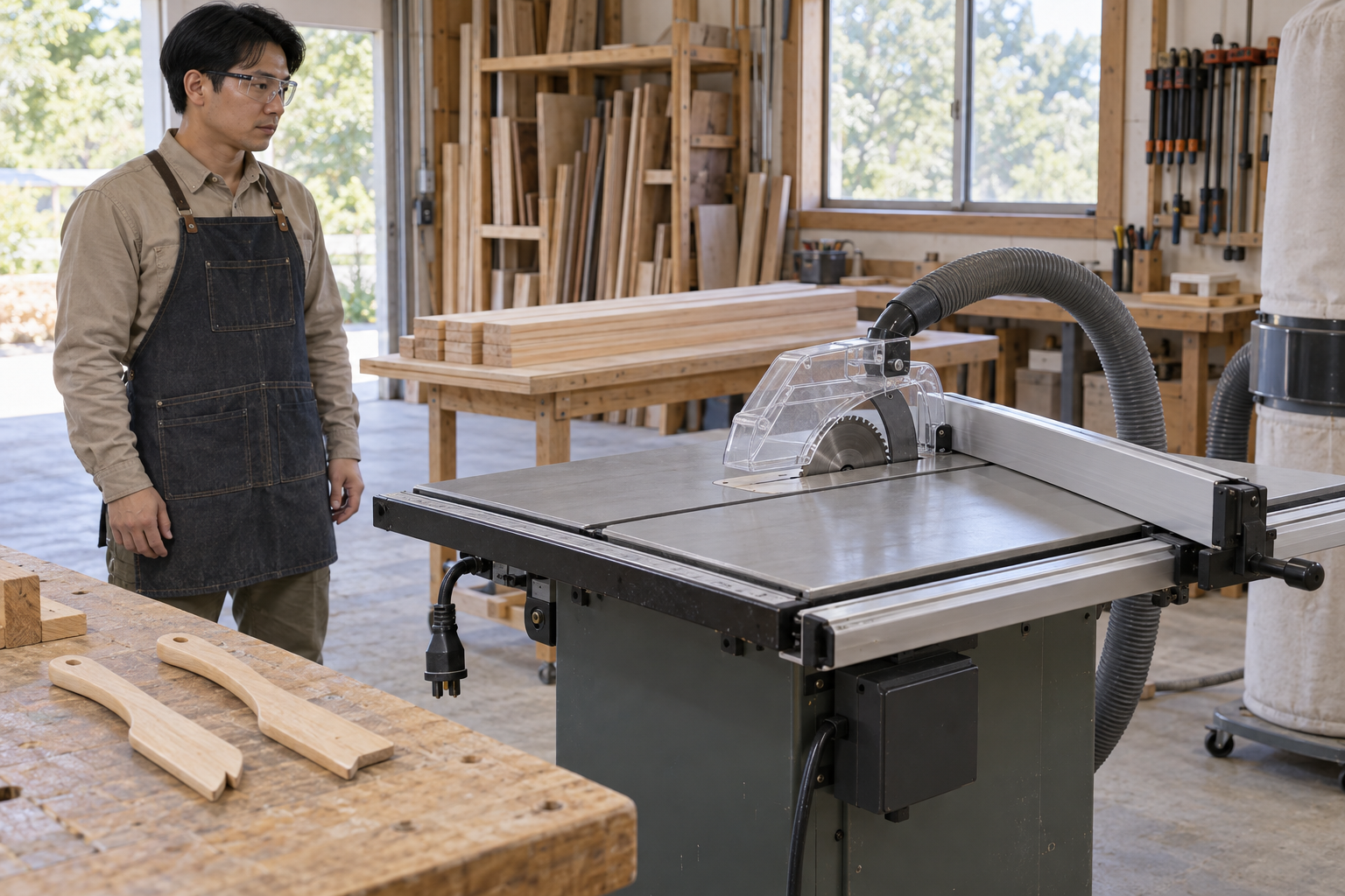 AI-generated educational illustration: Table-saw through ripping