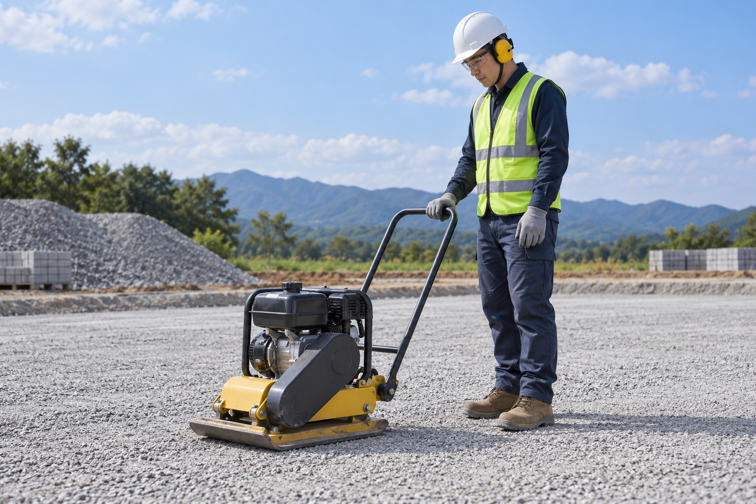 AI-generated educational illustration: Outdoor forward plate compaction
