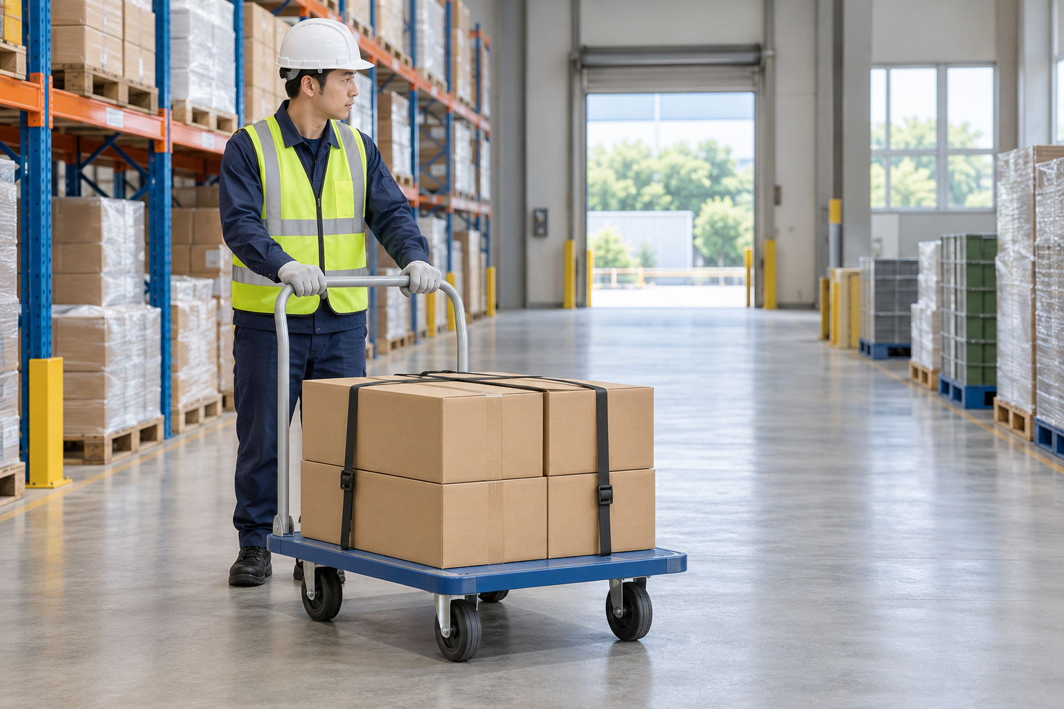 수동 평판대차 자재 운반의 작업 준비·점검을 표현한 AI 생성 교육용 이미지입니다. 실제 현장·사고 사진이나 승인된 시공도면이 아닙니다.
