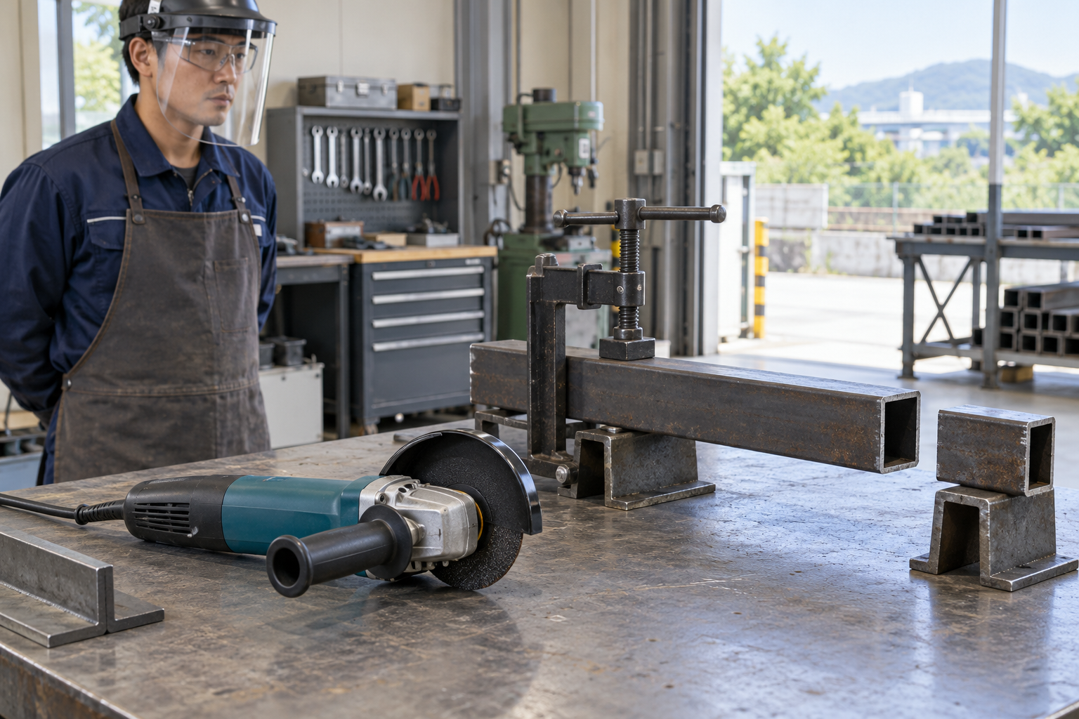 AI-generated educational illustration: Angle-grinder metal cutting