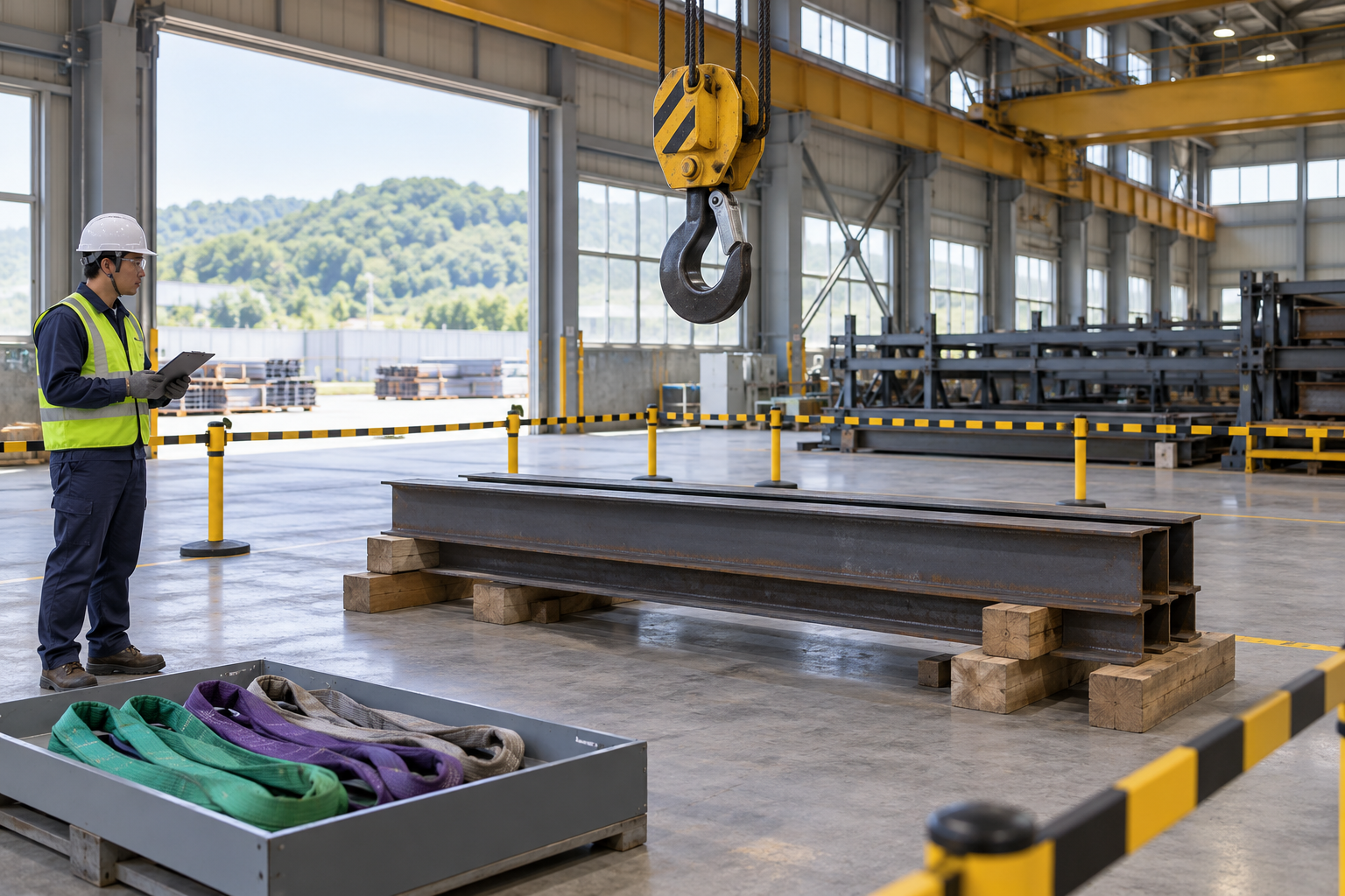 AI-generated educational illustration: Overhead-crane load transfer