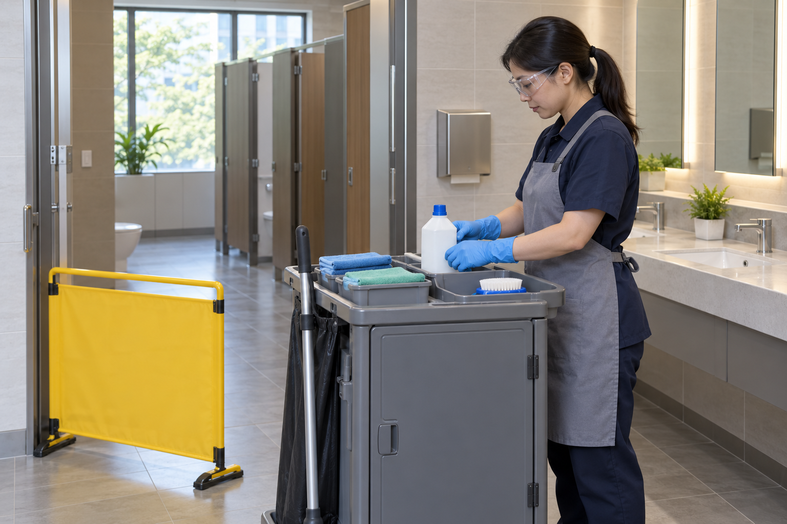 AI-generated educational illustration: Restroom cleaning with labeled chemicals