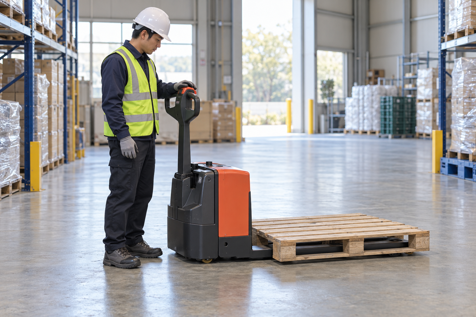 AI-generated educational illustration: Walkie electric pallet-truck transport