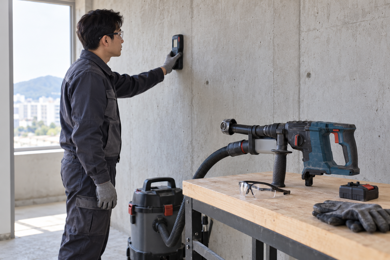 AI-generated educational illustration: Rotary-hammer drilling for concrete anchors