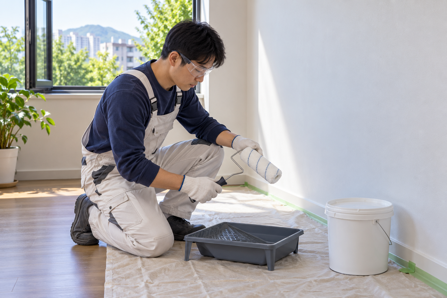 Educational illustration for Water-based wall painting from floor level