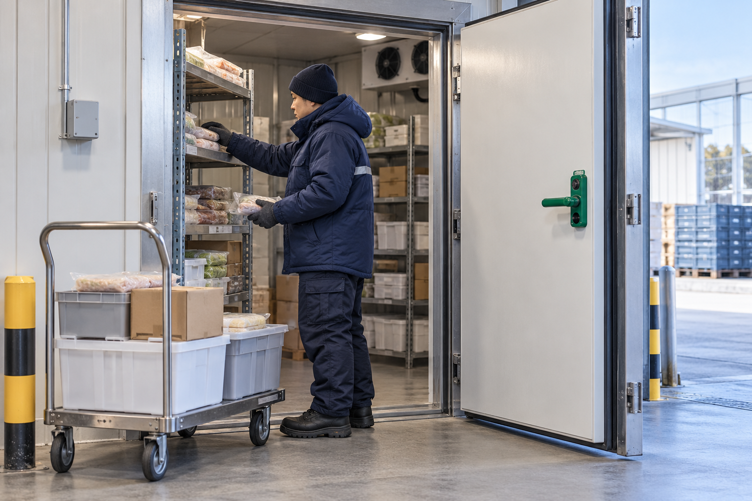 AI-generated educational illustration: Walk-in cold-room goods handling