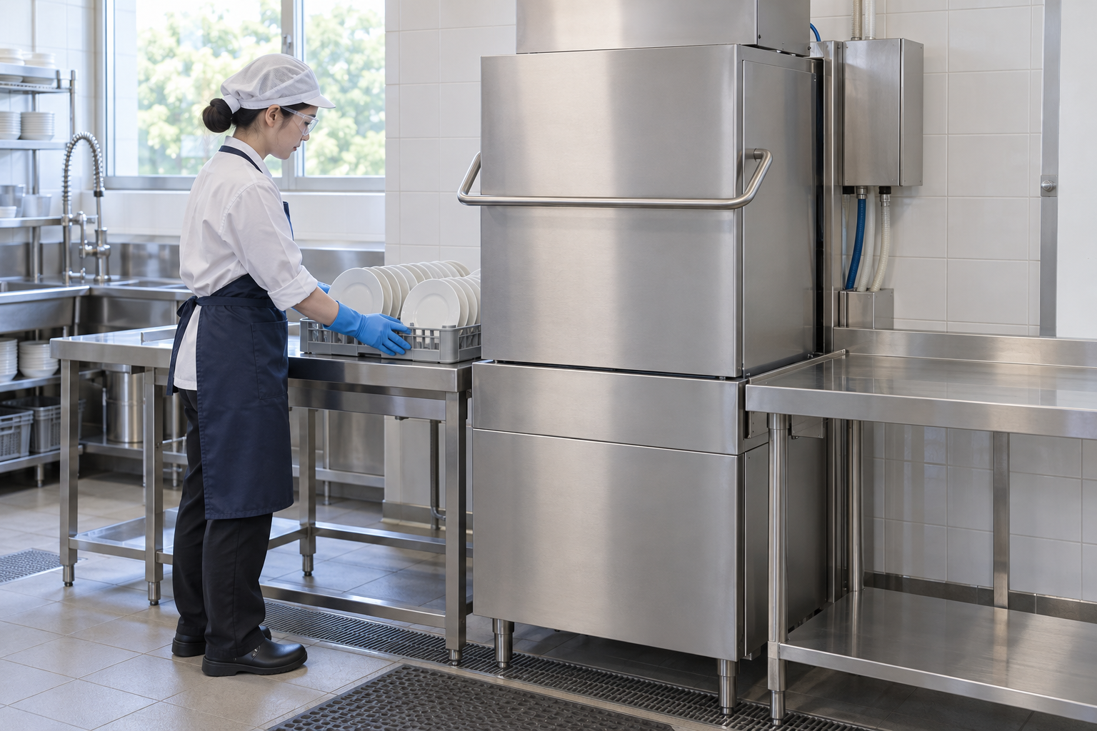 Educational illustration for Hood-type commercial dishwasher rack operation